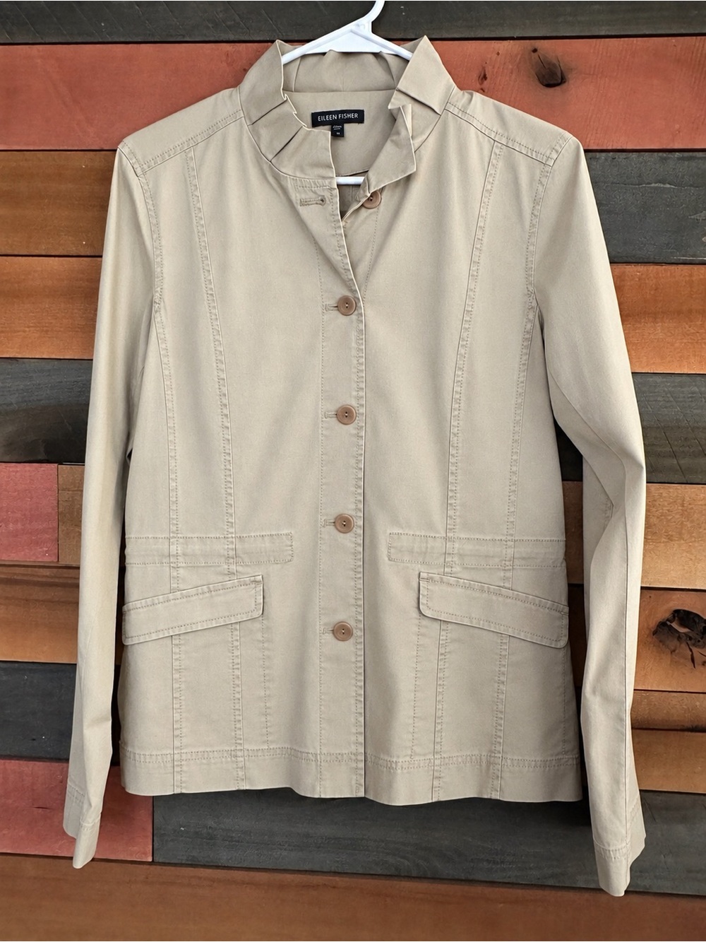 Eileen Fisher Khaki Ruffle Collar Jacket featuring a button-front closure